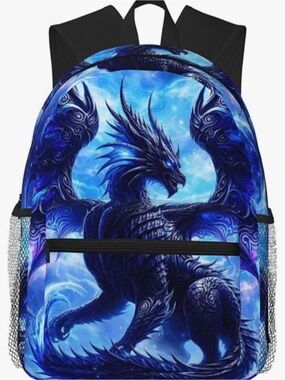 Novelty 3d Printed Dragon Blue Flame Travel Backpack nwt